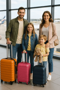 Family with young children at the airport getting ready to travel overseas together.