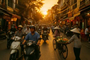 Scooters and street vendors in Hanoi’s Old Quarter during sunset, a glimpse of everyday life while exploring Vietnam.