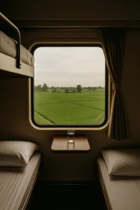 View from the Reunification Express train across Vietnam’s countryside.