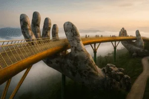 Golden Bridge in Ba Na Hills, Vietnam, with giant stone hands emerging from the mist.