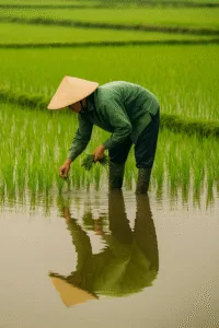Vietnamese farmer tending rice paddies in the Mekong Delta.