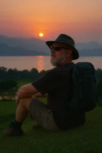 Traveler watching sunset over Vietnamese mountains, reflecting on their journey.