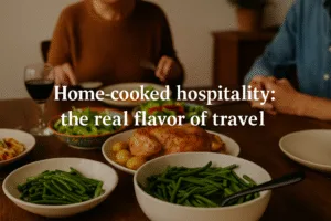 Traveler sharing dinner with a local family at a homestay.