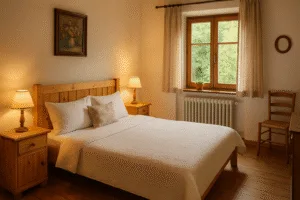 Rustic homestay bedroom with personal décor touches.
