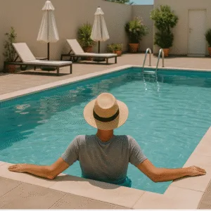 Traveler relaxing at hotel pool after a week of homestays.