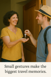 Homestay host greeting a guest with keys.