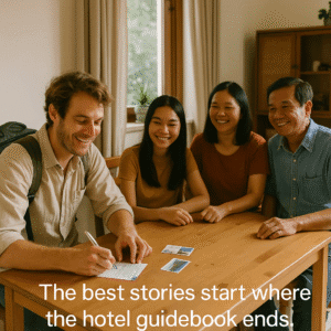 Traveler writing postcards at homestay with host family